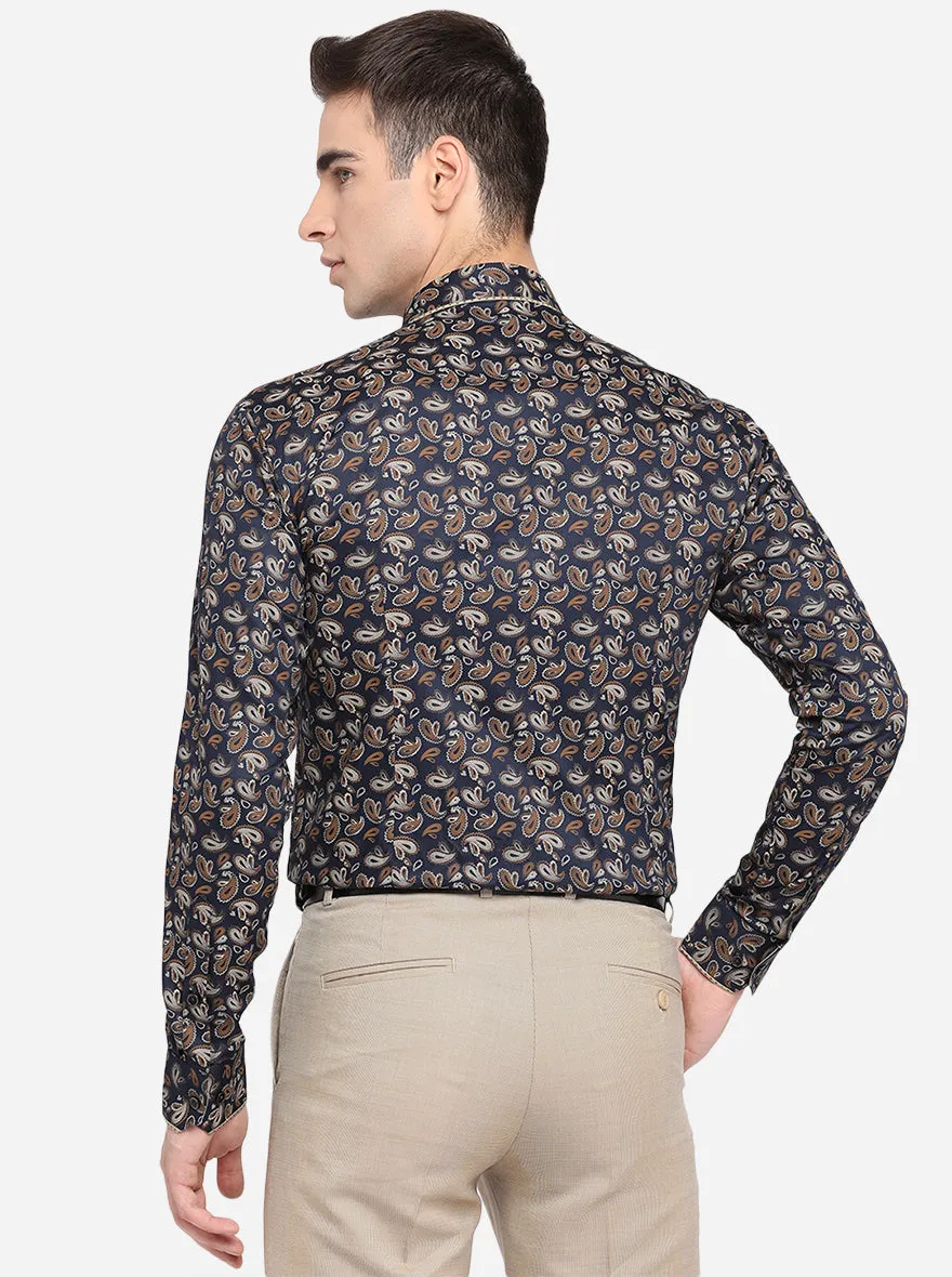 Navy Blue & Brown Printed Slim Fit Party Wear Shirt | JB Studio