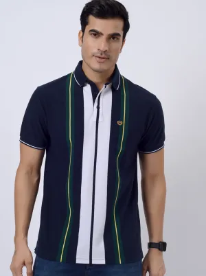 Navy Blue & Green Striped Slim Fit Polo T-Shirt | JadeBlue