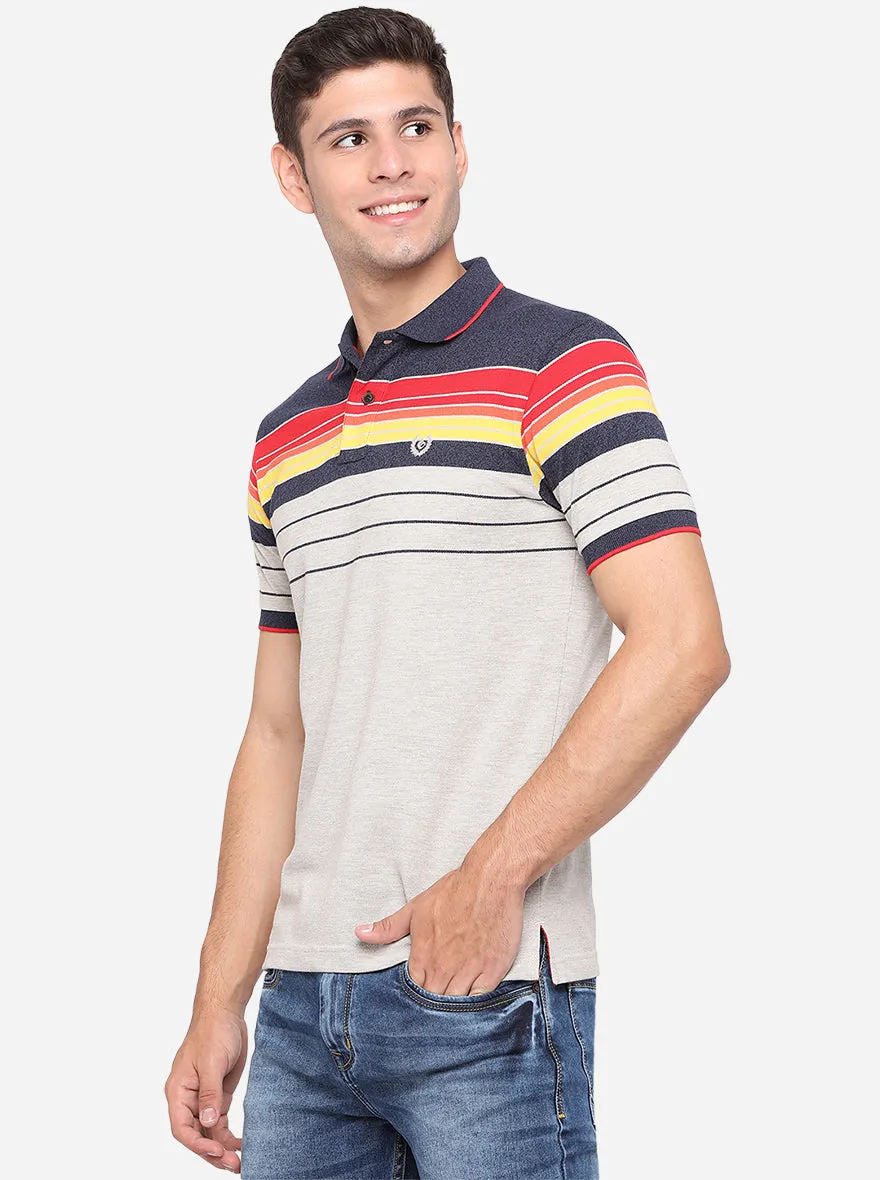 Navy Blue & Grey Striped Slim Fit Polo T-Shirt | Greenfibre