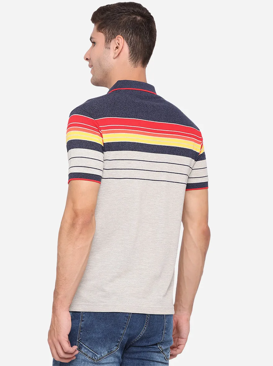 Navy Blue & Grey Striped Slim Fit Polo T-Shirt | Greenfibre