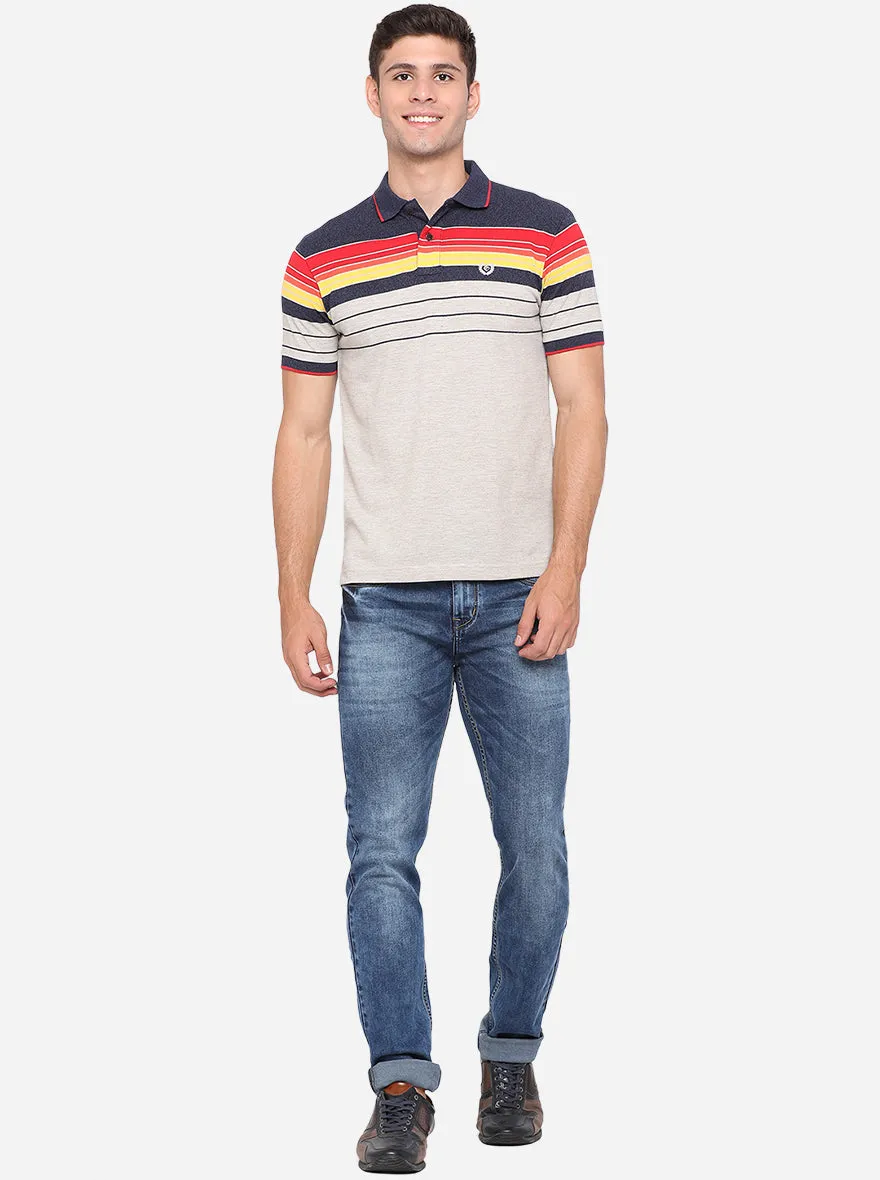 Navy Blue & Grey Striped Slim Fit Polo T-Shirt | Greenfibre