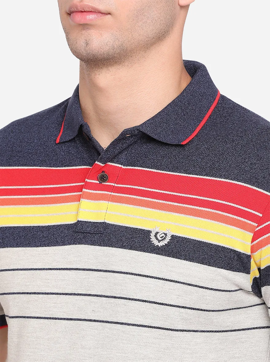 Navy Blue & Grey Striped Slim Fit Polo T-Shirt | Greenfibre