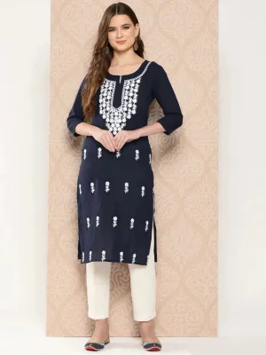 Navy Blue & White Cotton Floral Embroidered Chikankari Detailing Straight Shape Kurta