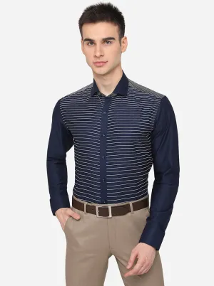 Navy Blue & White Striped Slim Fit Party Wear Shirt | JB Studio