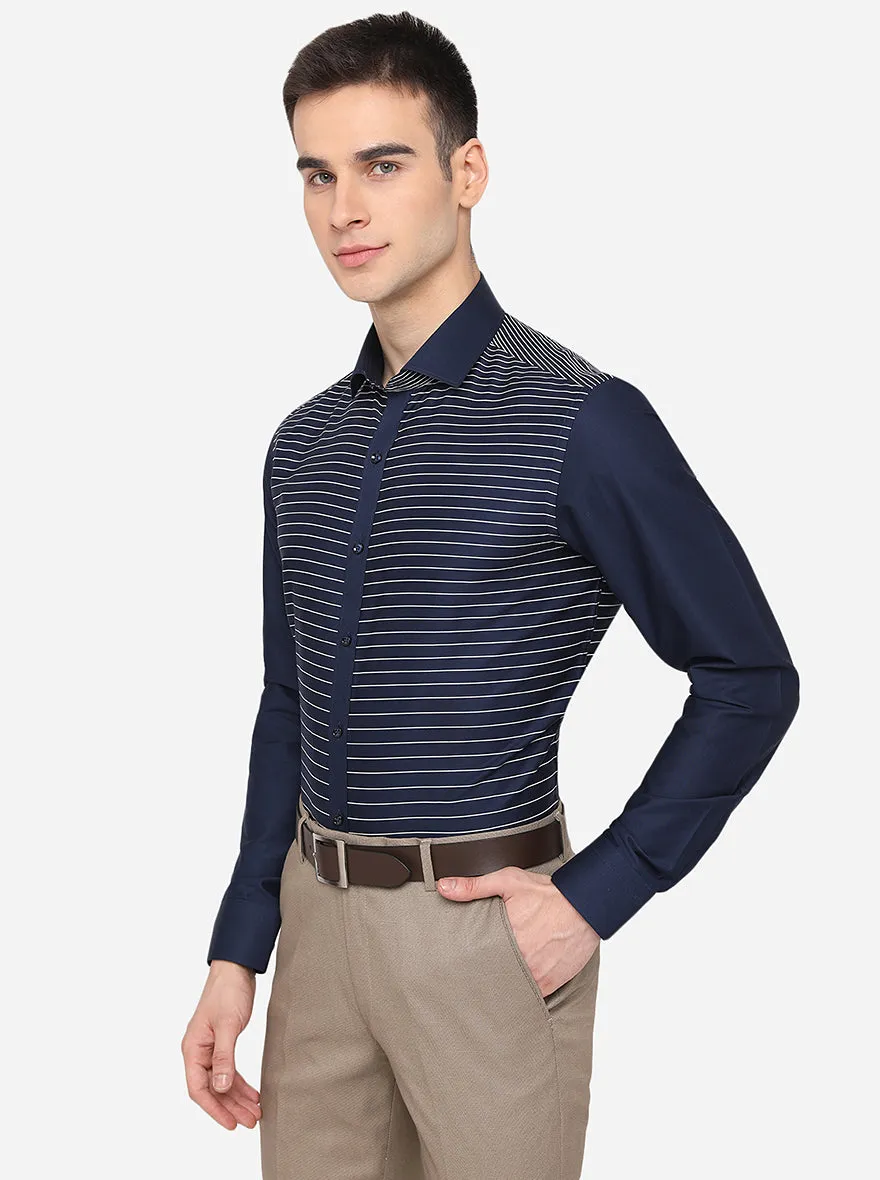 Navy Blue & White Striped Slim Fit Party Wear Shirt | JB Studio