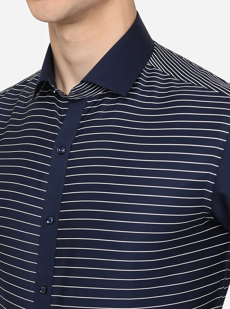 Navy Blue & White Striped Slim Fit Party Wear Shirt | JB Studio