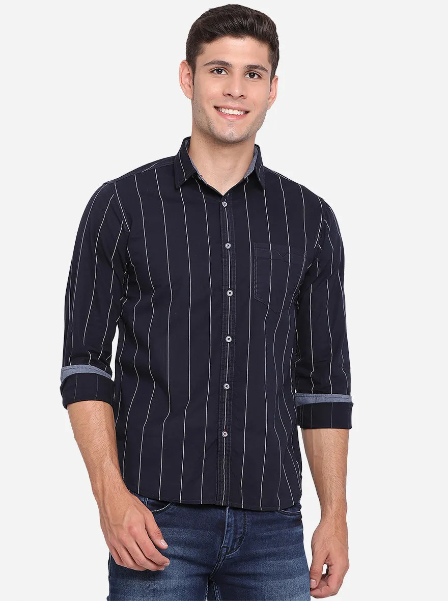 Navy Blue & White Striped Slim Fit Semi Casual Shirt | Greenfibre