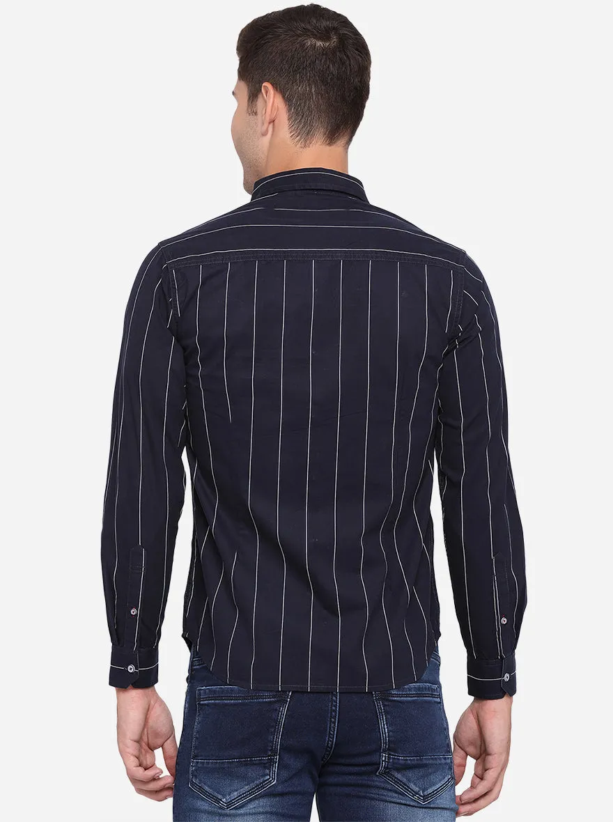 Navy Blue & White Striped Slim Fit Semi Casual Shirt | Greenfibre