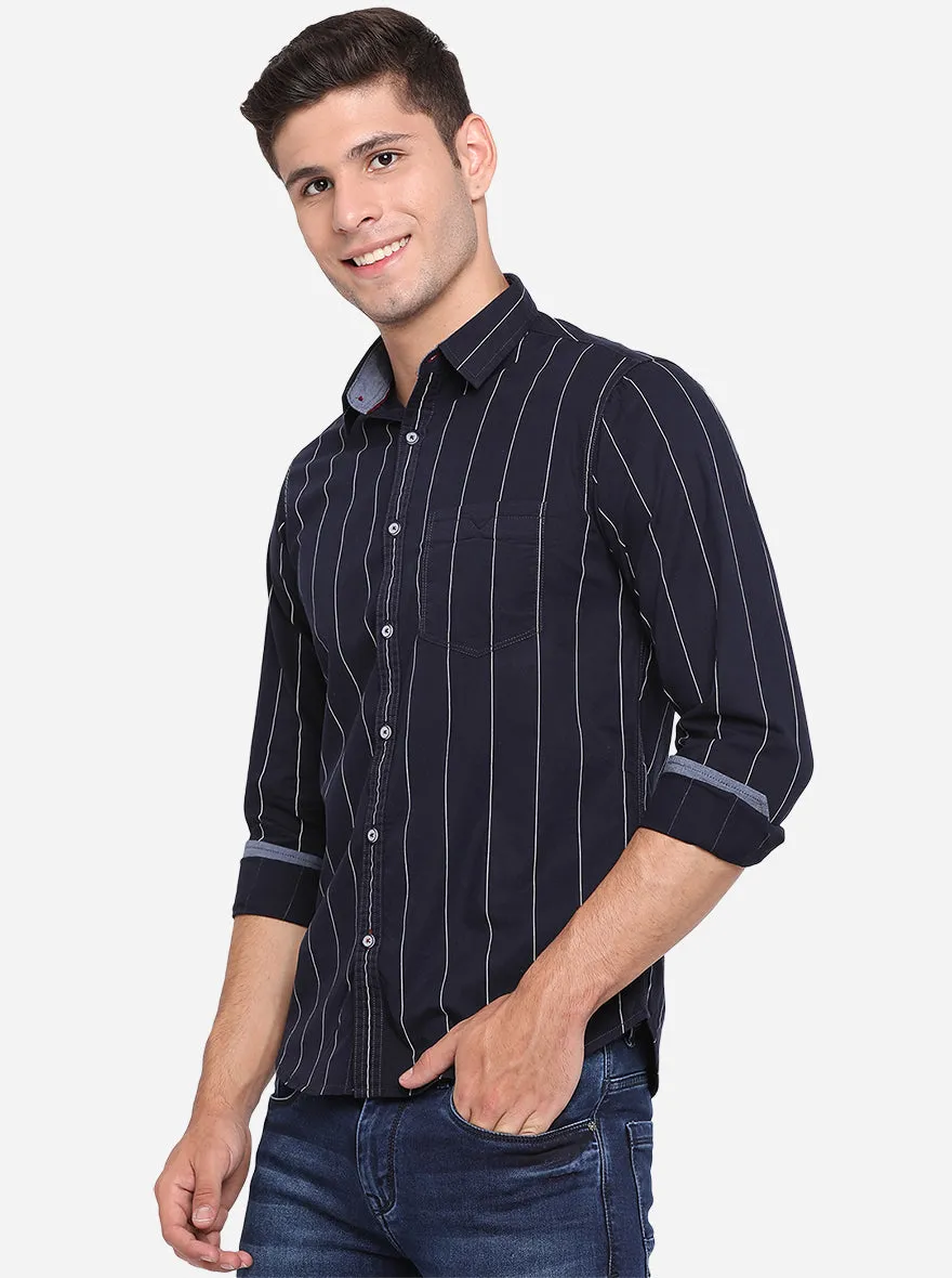 Navy Blue & White Striped Slim Fit Semi Casual Shirt | Greenfibre