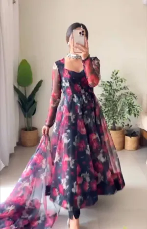 Navy Blue Anarkali Gown in Organza with Digital Print