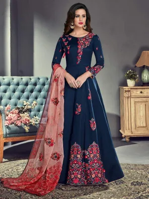 Navy Blue And Pink Embroidered Silk Anarkali Suit