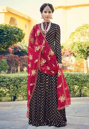 Navy Blue And Pink Traditionally Embellished Anarkali Suit