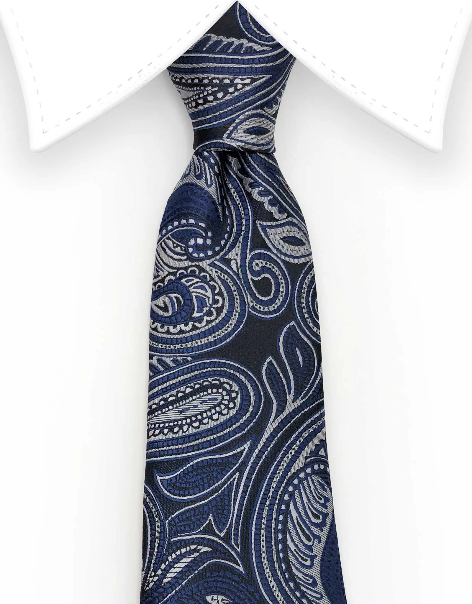 Navy Blue and Silver Paisley Extra Long 70 inch Tie - 3XL