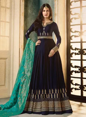 Navy Blue And Turquoise Motif Embroidered Ghera Anarkali Suit