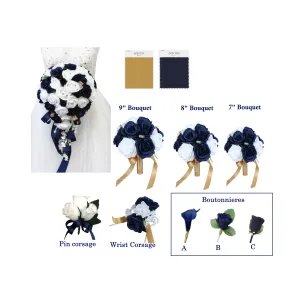 Navy Blue and White Roses with Gold Accents - Pick Your Flowers!