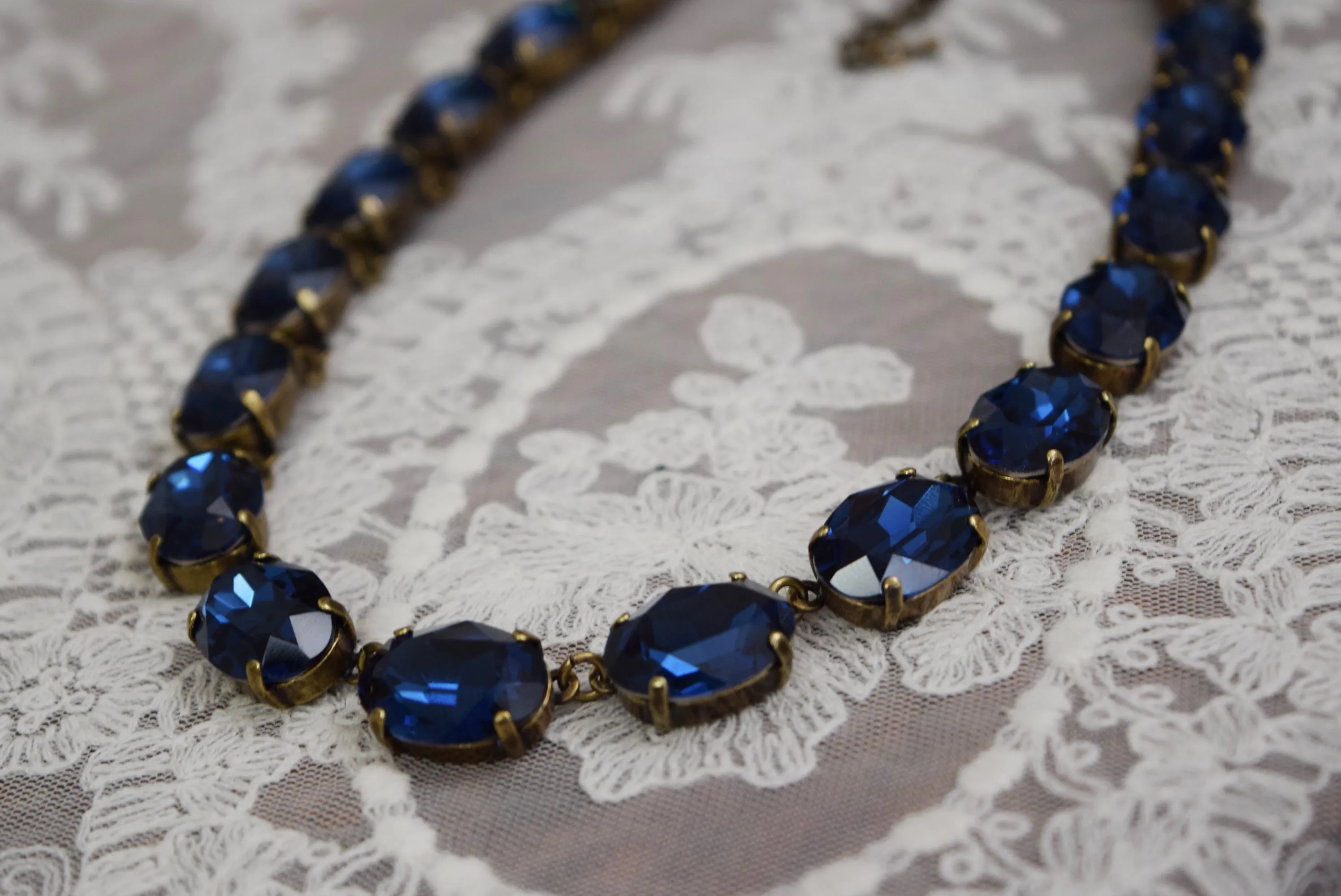 Navy Blue Aurora Crystal Collet Necklace - Large Oval