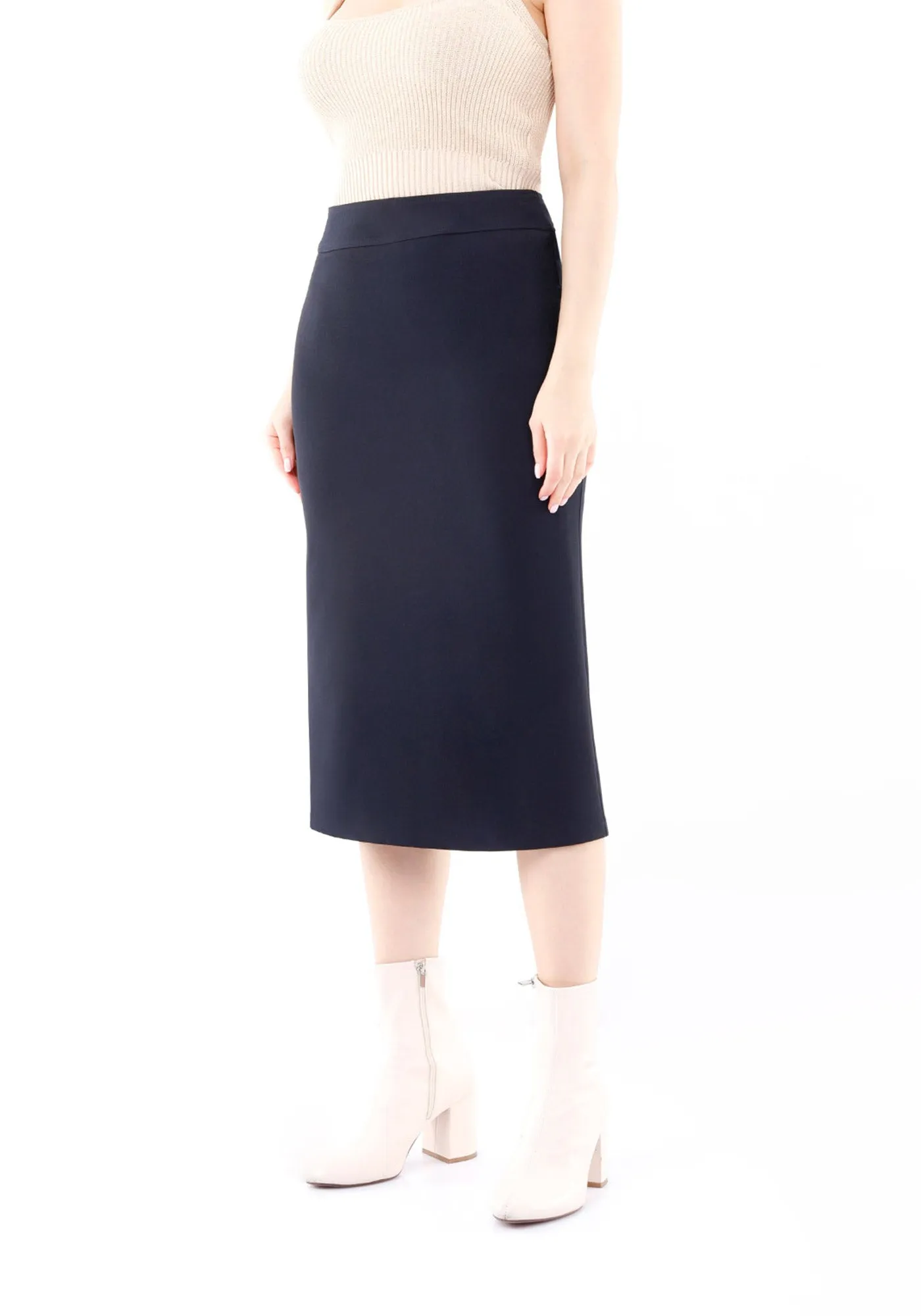 Navy Blue Back Vented Midi Pencil Skirt