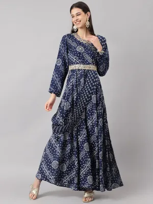 Navy Blue Bandhani Printed Muslin Zari Work Drape Style Flared Gown