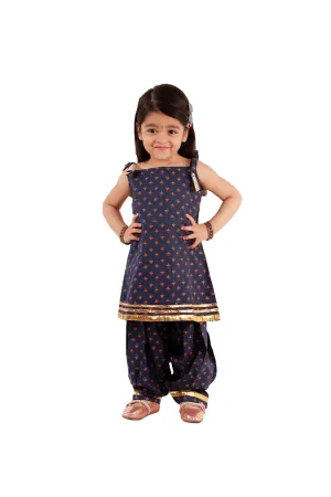 Navy blue block printed gota work kurta with salwar