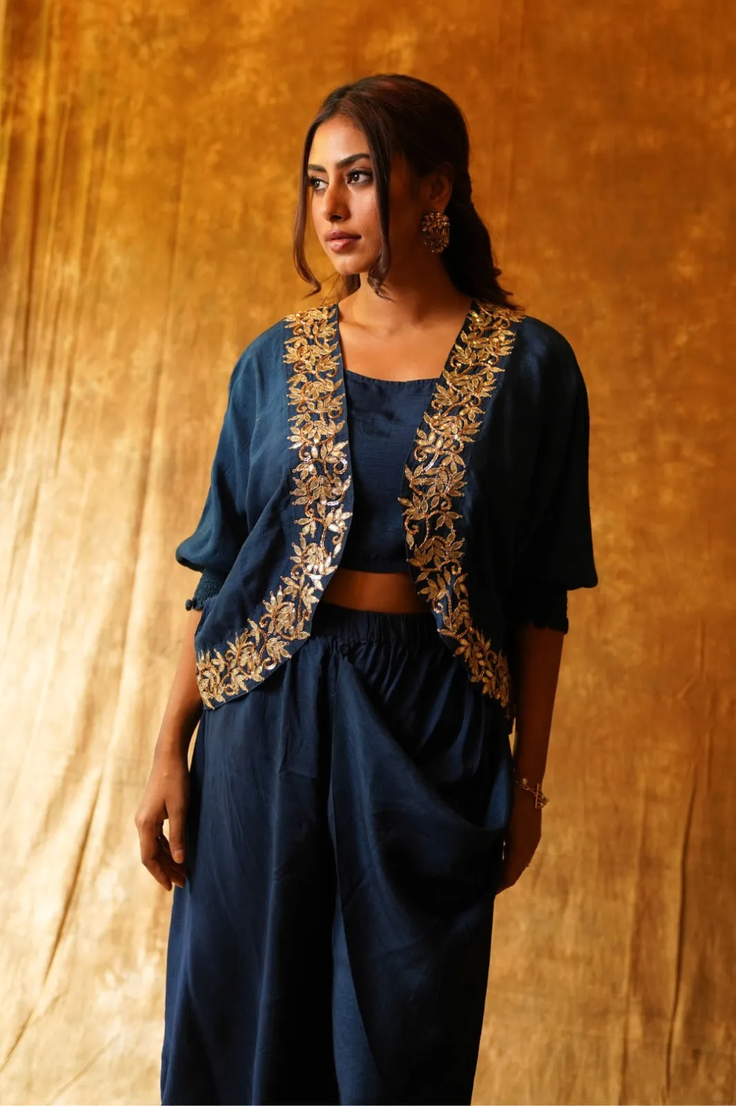 Navy Blue Boho Jacket & Draped Dhoti