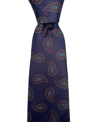 Navy Blue, Brown and Turquoise Paisley Extra Long Tie