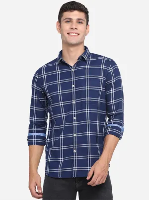 Navy Blue Checked Slim Fit Semi Casual Shirt | JadeBlue