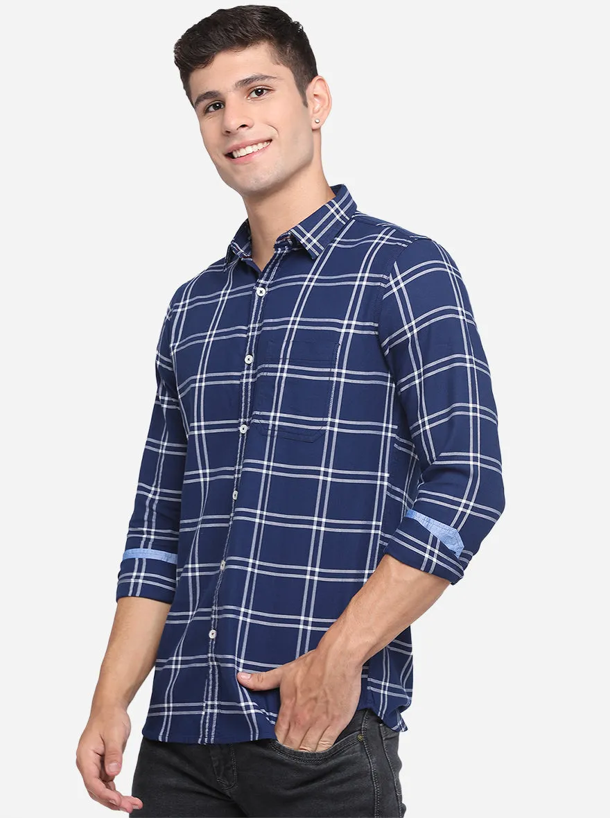 Navy Blue Checked Slim Fit Semi Casual Shirt | JadeBlue