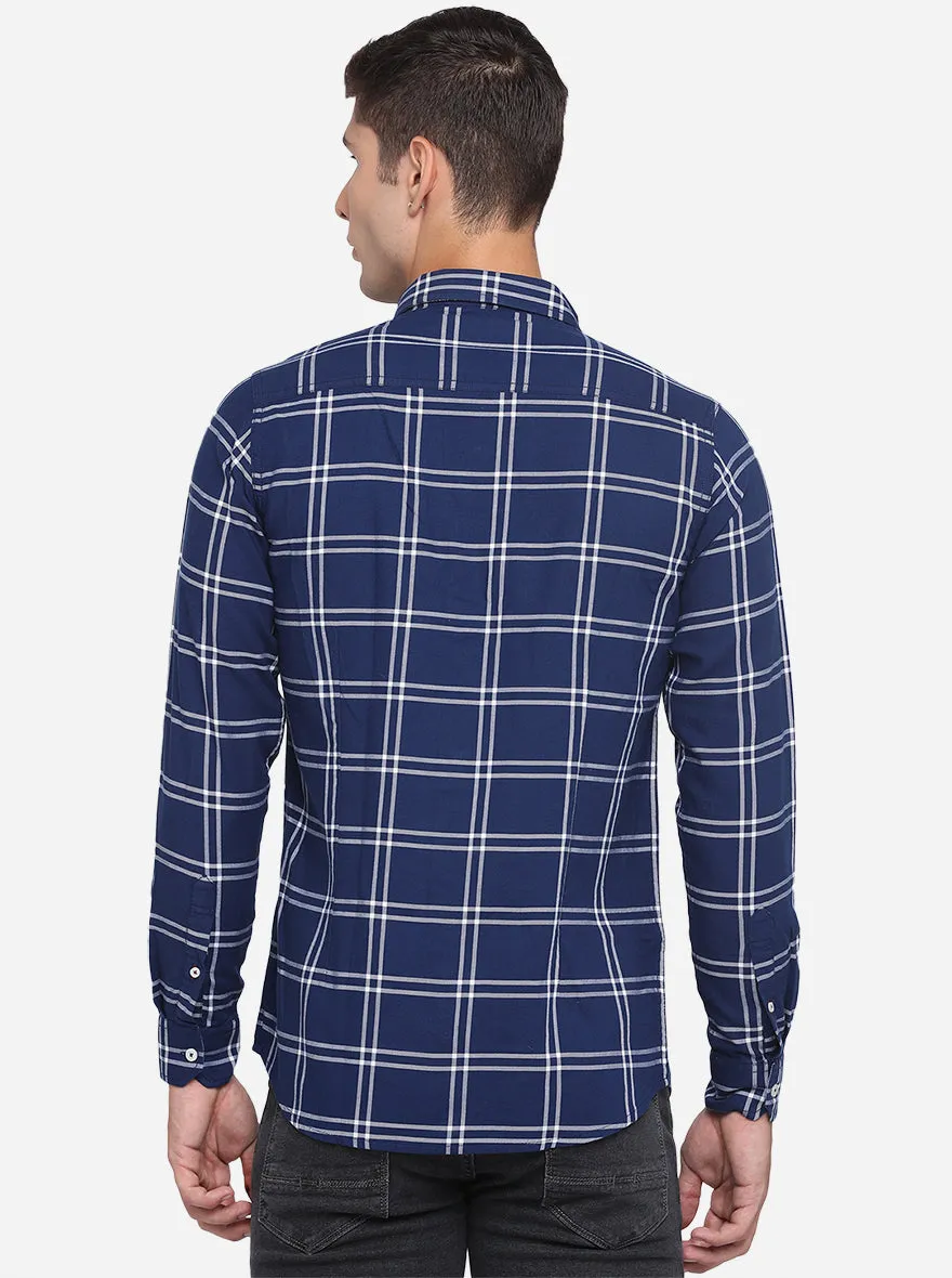 Navy Blue Checked Slim Fit Semi Casual Shirt | JadeBlue