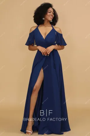 Navy Blue Chiffon Cold Shoulder V-neck Long Dress