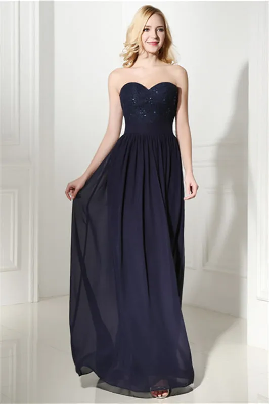 Navy Blue Chiffon Sweetheart Lace Beading Prom Dresses