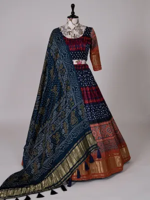 Navy Blue Color Bandhani Printed Pure Gaji Silk Navaratri Chaniya Choli