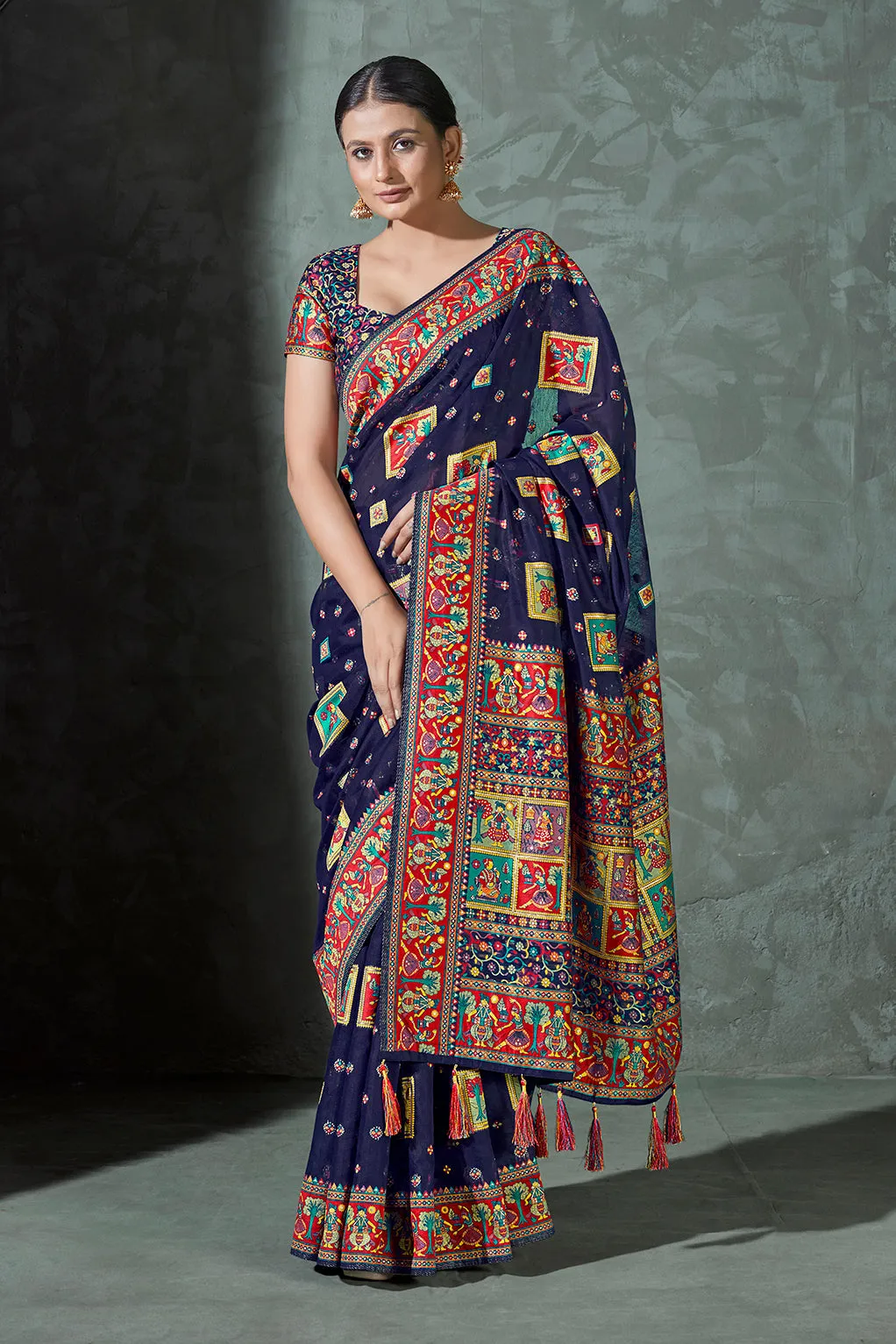 Navy Blue Color Cotton Work Silk Zari Work Saree