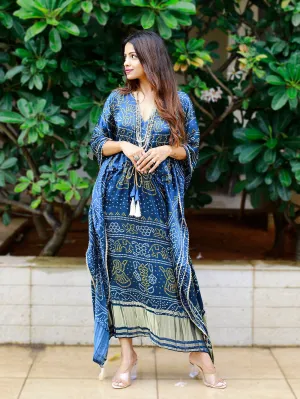 Navy Blue Color Digital Bandhej Printed Pure Gaji Silk Kaftan