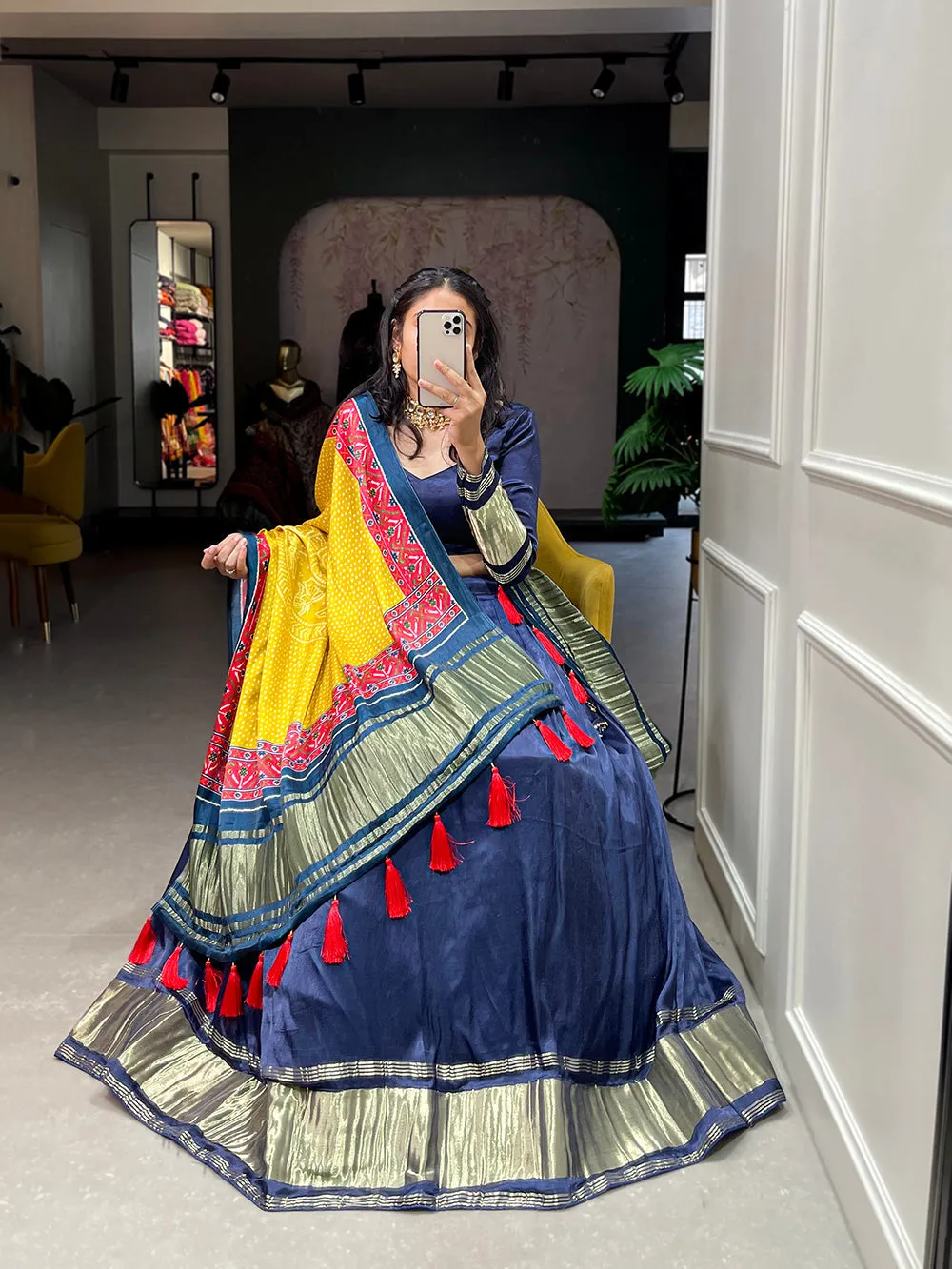 Navy Blue Color Dyeing With Lagdi Patta Gaji Silk Lehenga Choli