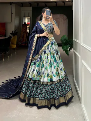 Navy Blue Color Floral And Patola Printed With Foil Work Tussar Silk Traditional Lehenga Choli