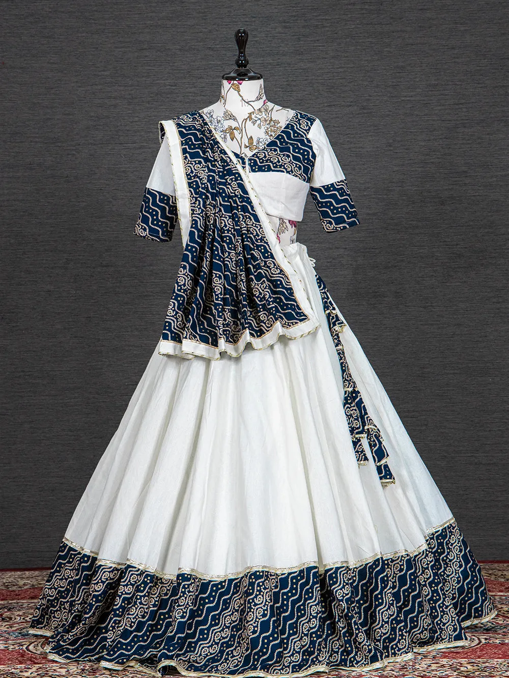 Navy Blue Color Foil And Printed Work Cotton Lehenga Choli