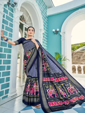 Navy Blue Color Patola & Foil Printed Dola Silk Saree