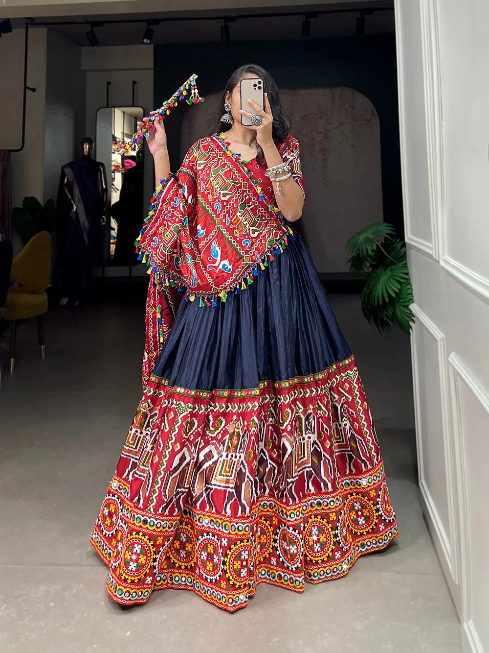 Navy Blue Color Patola Print With Gamthi Work And Mirror Work Dola Silk Chaniya Choli