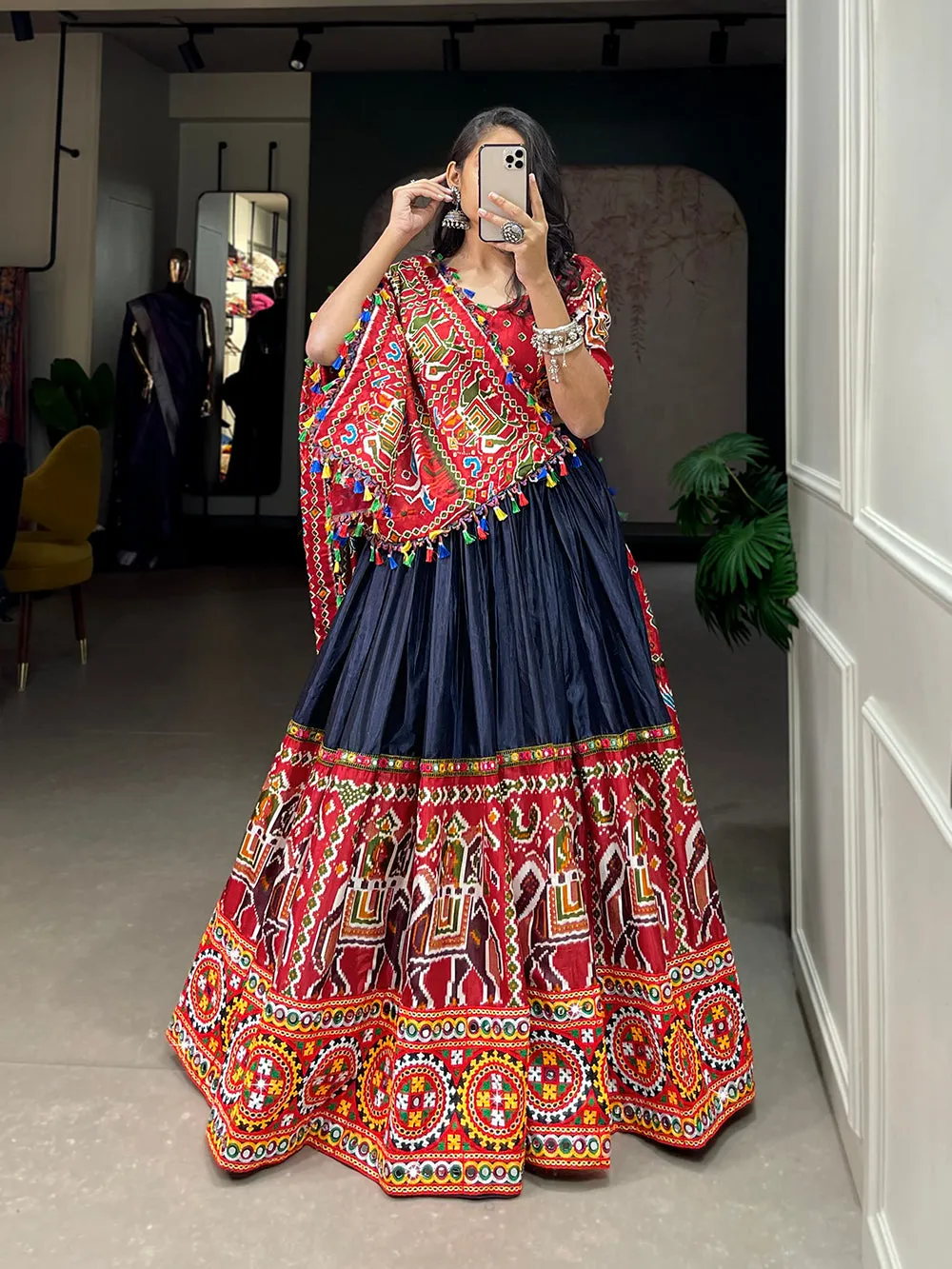 Navy Blue Color Patola Print With Gamthi Work And Mirror Work Dola Silk Chaniya Choli