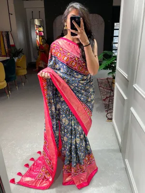 Navy Blue Color Patola Printed Dola Silk Saree