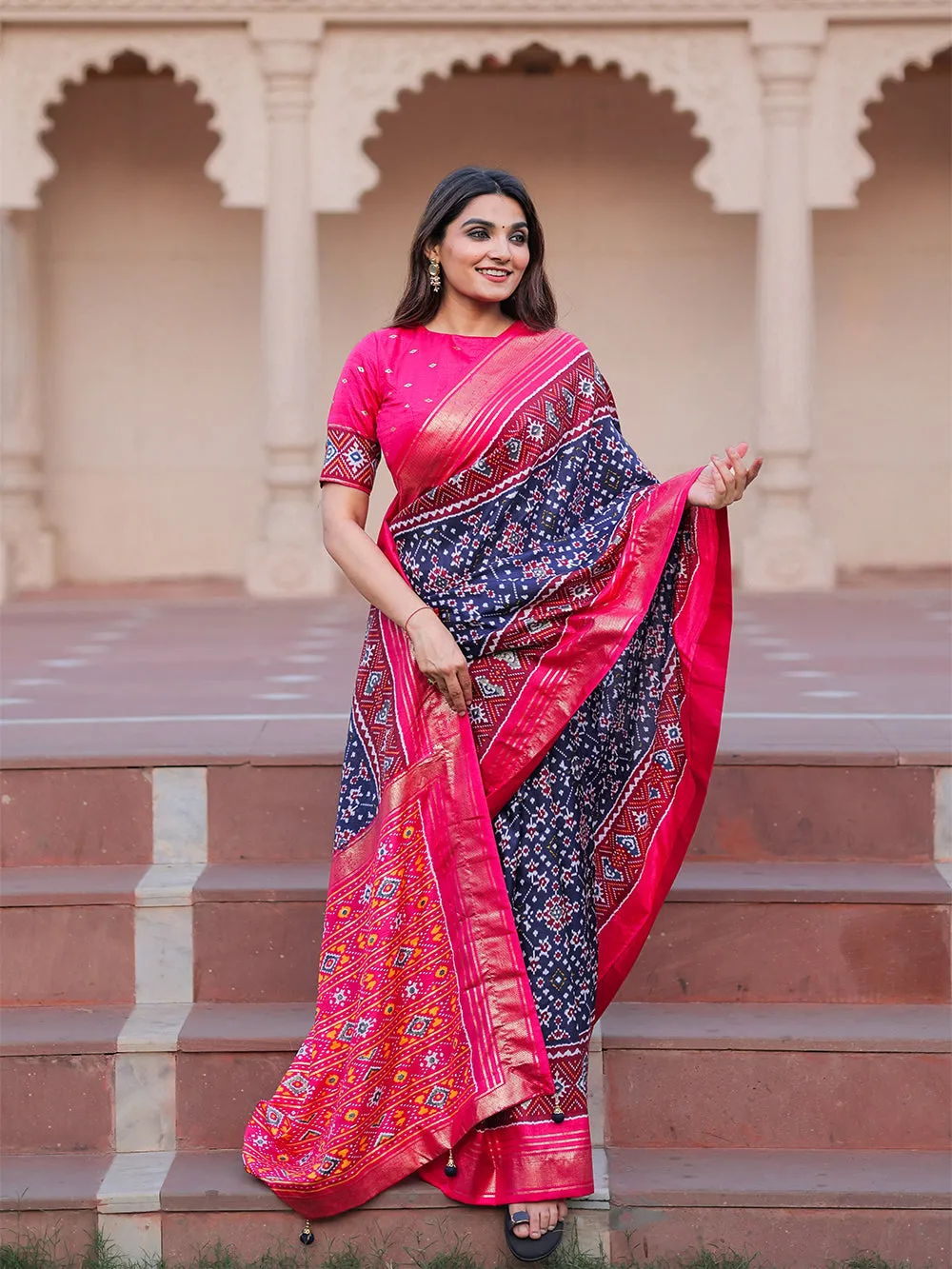 Navy Blue Color Patola with Foil Printed Dola Silk Saree