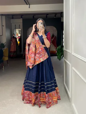 Navy Blue Color Plain And Printed With Gotta Patti Cotton For Navratri Chaniya Choli