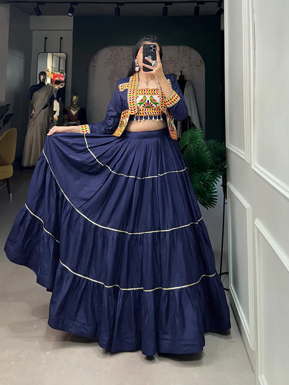 Navy Blue Color Plain With Gota Patti Rayon Gujrati Stylish Chaniya Choli