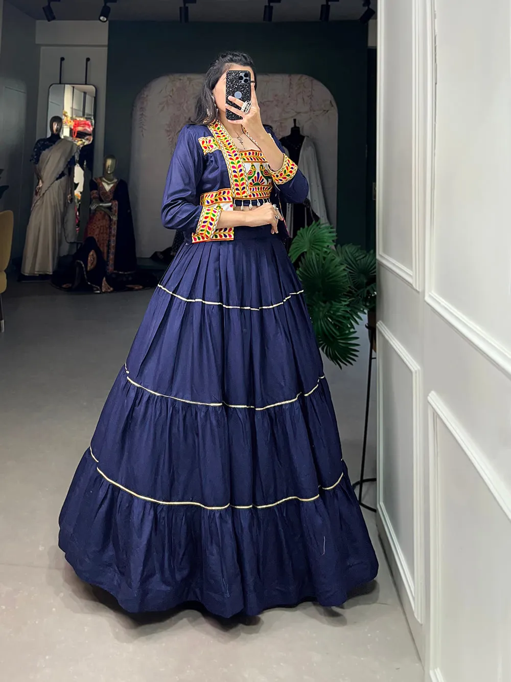 Navy Blue Color Plain With Gota Patti Rayon Gujrati Stylish Chaniya Choli