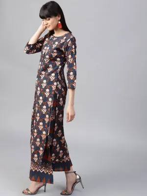 Navy Blue Cotton Printed Palazzo Suit