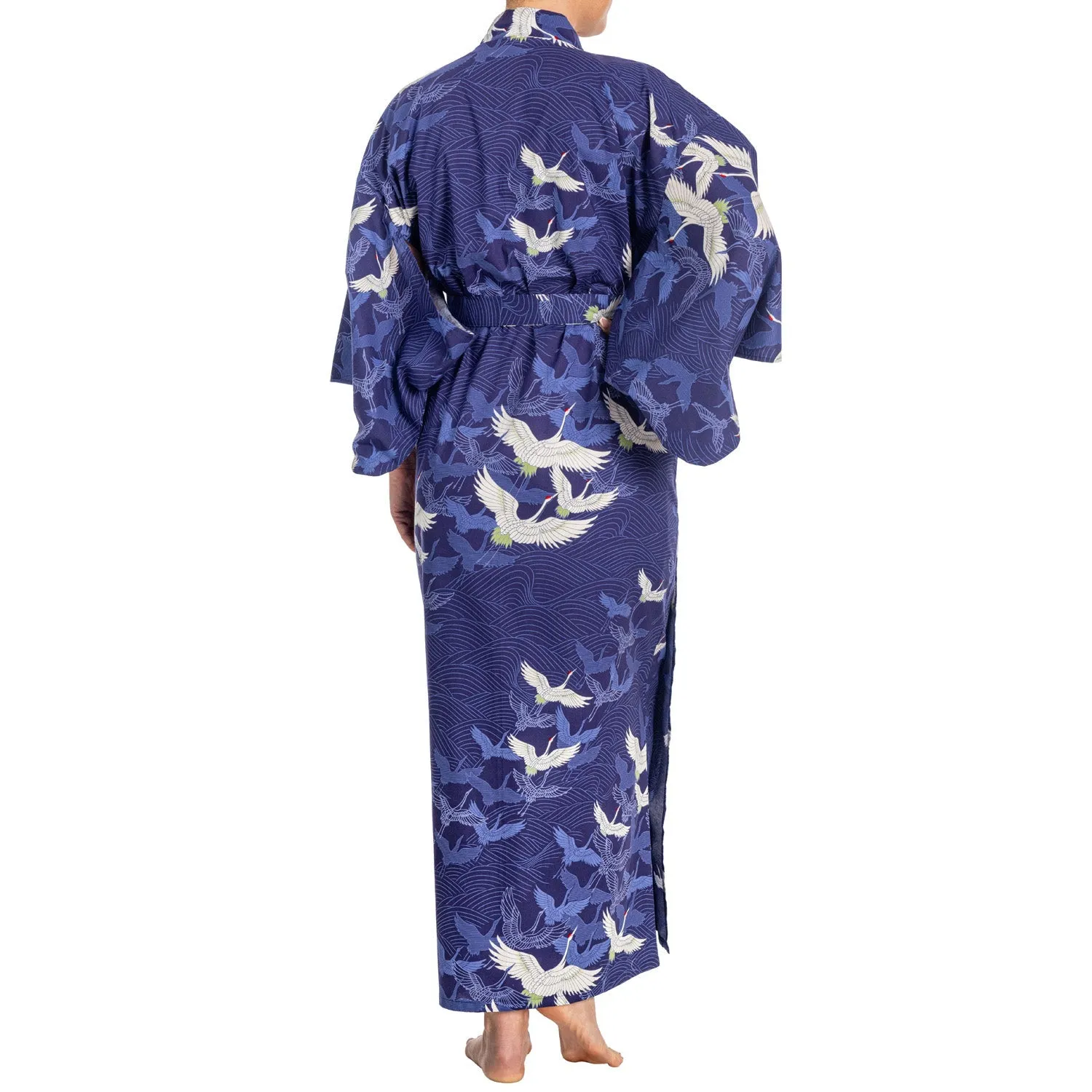 Navy Blue Crane Long Japanese Cotton Kimono