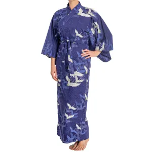 Navy Blue Crane Long Japanese Cotton Kimono