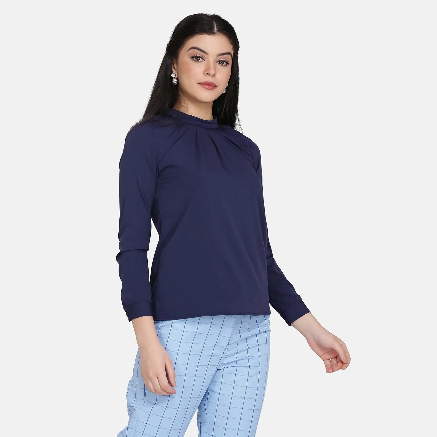 Navy Blue Crepe Sunrays Neck Top