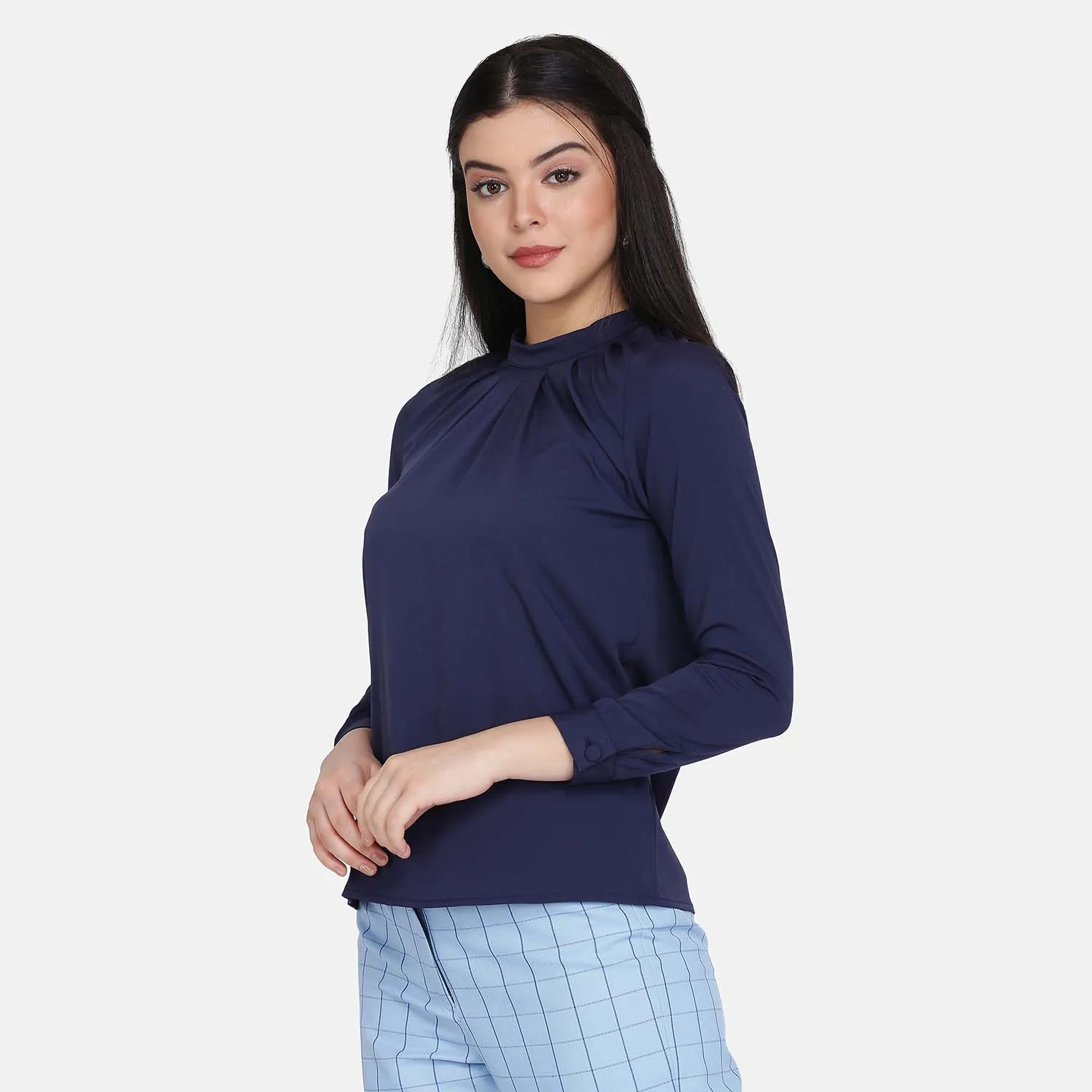 Navy Blue Crepe Sunrays Neck Top