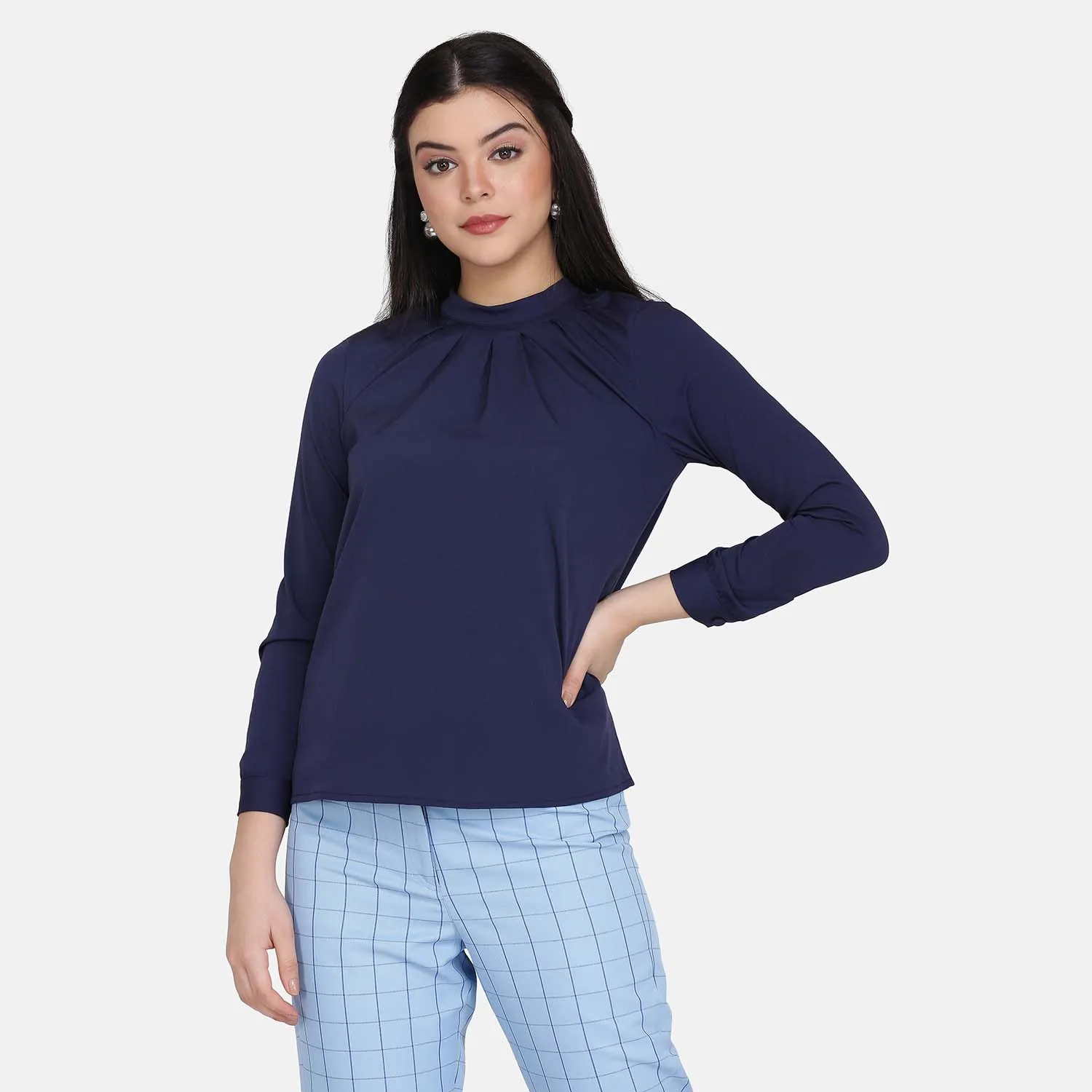 Navy Blue Crepe Sunrays Neck Top